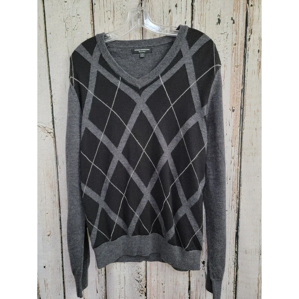 EXPRESS M Merino Wool Argyle Retro Sweater Pullover‎ V-Neck Design Studio EUC!